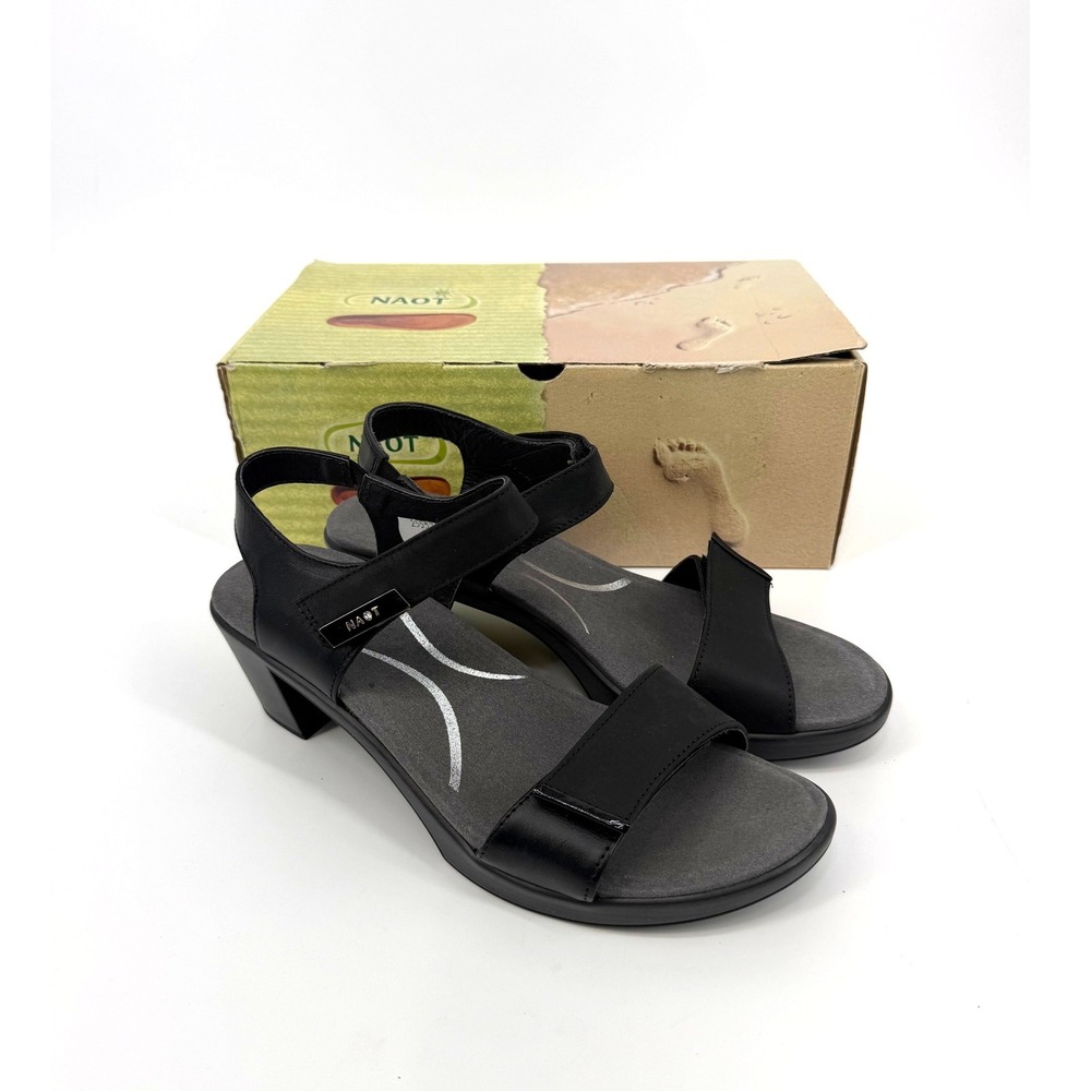 NEW Naot Haven Coal NGV Black Leather Strappy Block Heel Sandals Women Size 39